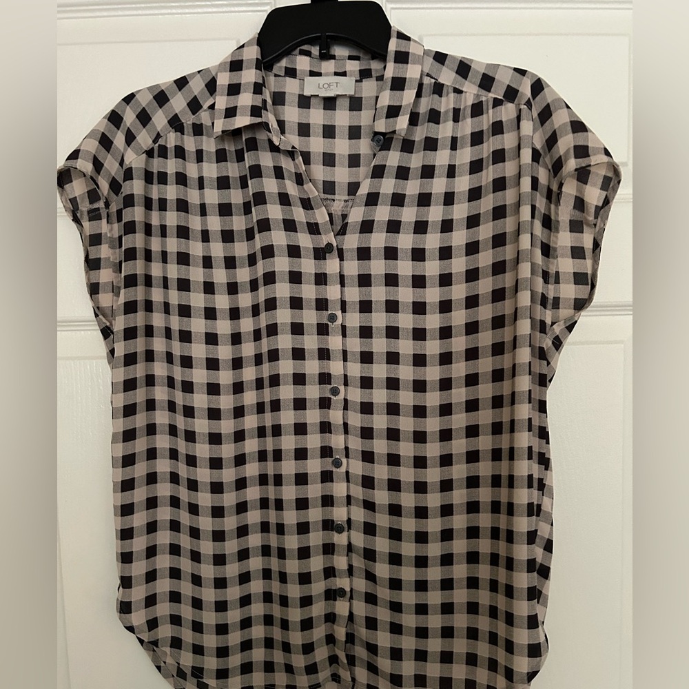 LOFT Black and Cream Checkered Women's Top